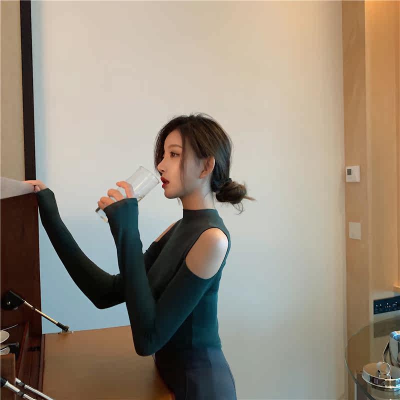 Блузка 性感露肩修身显瘦气质黑色打底衫女体恤上衣ins百搭港风2025秋冬