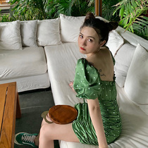 Summer 2021 new womens large size bubble sleeve skirt temperament goddess fan clothes French square collar dress