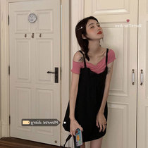 2020 summer dress new womens size black suspenders two-piece dress shoulder top slim dress
