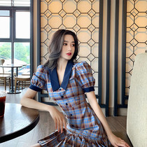 2020 Summer new womens large size bubble sleeve plaid skirt goddess fan clothes small fragrance temperament wind dress