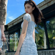 2021 summer new womens size bubble sleeve skirt temperament goddess fan clothes shoulder thin dress