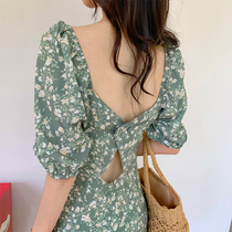 2020 summer dress new womens large size green rouje floral skirt temperament goddess fan dress dress