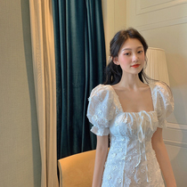 2020 Summer new womens large size white square collar waist skirt temperament goddess fan clothes thin dress