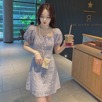 2020 Summer new womens size purple floral bubble sleeve skirt waist thin temperament square collar dress