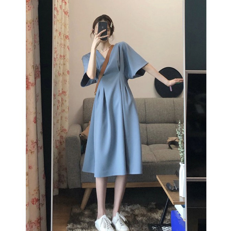 2020 Summer new women's dress Large size French style blue dress temperament Fan clothes in the long version of the dress