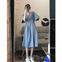 2020 Summer new womens large size French blue skirt temperament goddess fan dress long dress