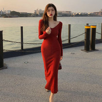 2021 Spring and autumn new Chinese New Year Womens dress Big code This life New Year Red Fashion skirt Long dress French style Back to door Lieven dress