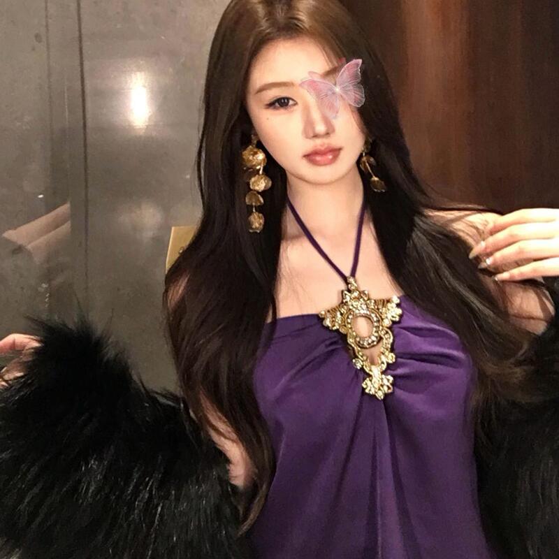 Vintage Light Luxury Heavy-Duty Rhinestone-Embellished Satin Halter Top Thai-Style Cool and Elegant High-End Sleeveless Top for Women
