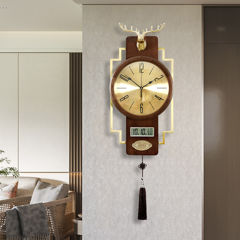 2021 new solid wood New Chinese brass deer head hanging bell household living room mute Chinese wind and watch atmospheric clock