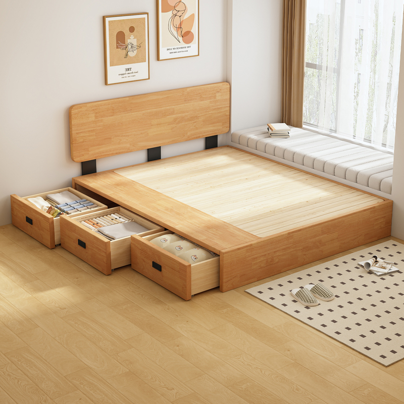 Solid Wood Thin Headboard, Natural Wood Color Tatami Storage Bed, Master Bedroom Three-Drawer High Box Storage Bed, 1.5m Silent Double Bed Solid Wood Thin Headboard, Natural Wood Color Tatami Storage Bed, Master Bedroom Three-Drawer High Box Storage Bed, 1.5m Silent Double Bed