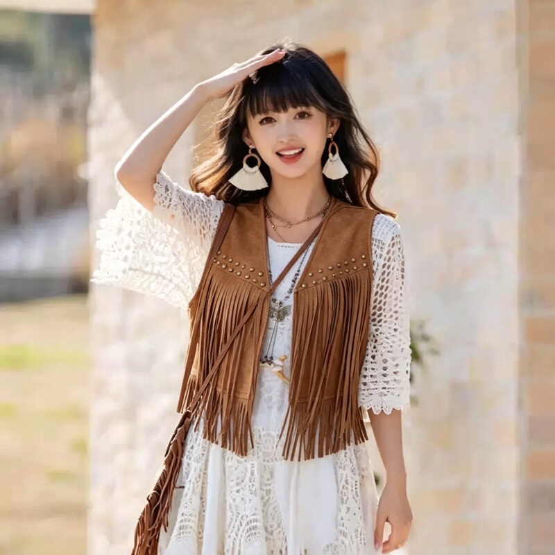 2026 Summer European and American Cross-Border New Style Women's Studded Tassel Vest Outerwear Hippie Tank Top Cardigan Sleeveless Top