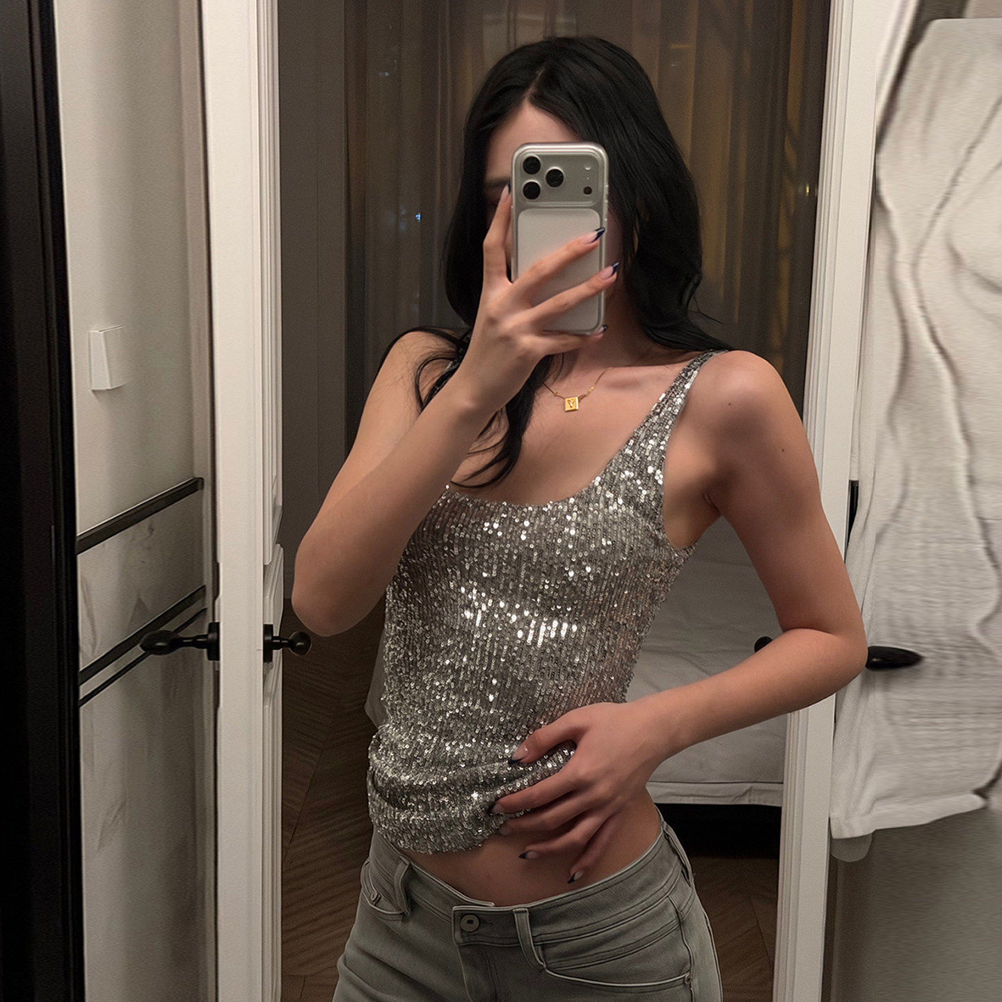 hottie American style silver Sequins camisole vest camisole ma'am Wear out Self-cultivation pure desire have cash less than that is registered in the accounts U-neck Sleeveless tops