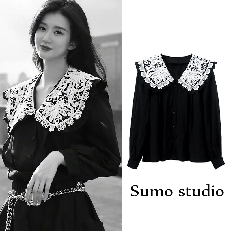 Qiao Xin and Zhang Ruonan's Same Style French Lace Doll Collar Large Lapel Long-Sleeved Black Shirt for Women, Loose Retro Top