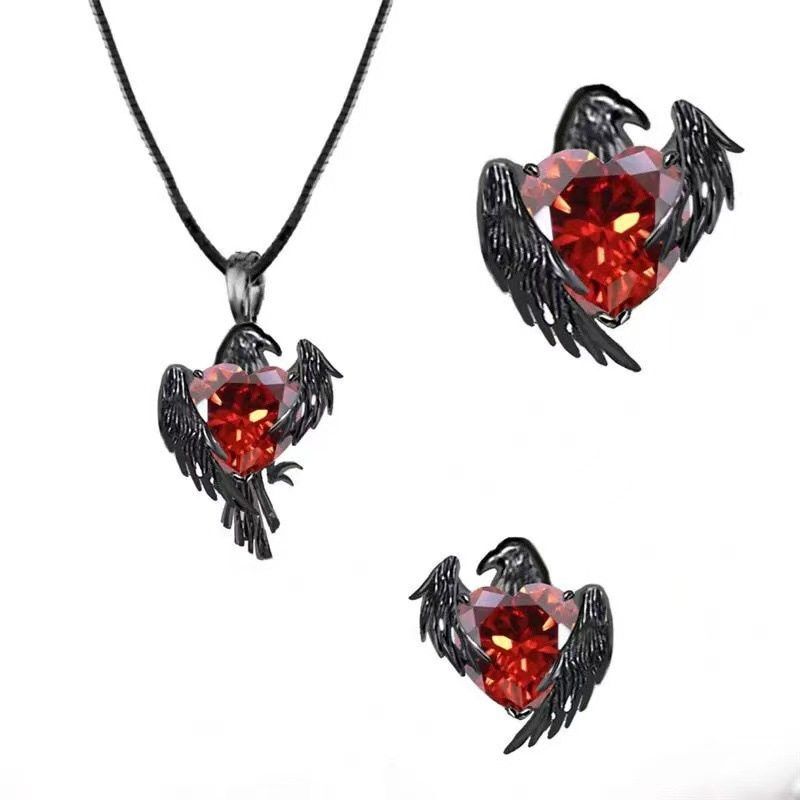 Cross-Border New Black Crow Red Heart Earrings European and American Personalized Niche Design Dark Style Jewelry Set Cross-Border New Black Crow Red Heart Earrings European and American Personalized Niche Design Dark Style Jewelry Set