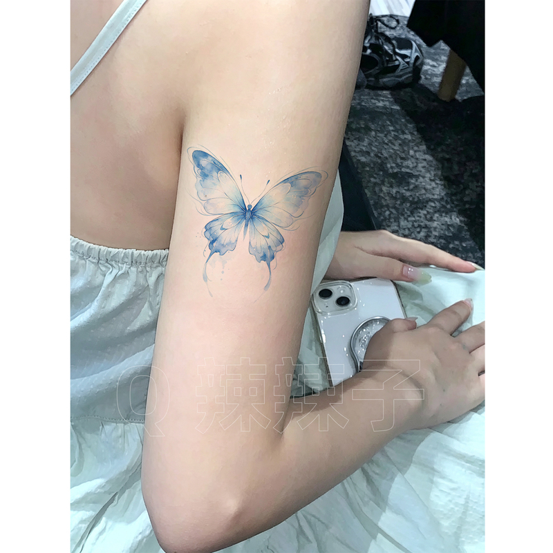 Ice Blue Butterfly Tattoo Sticker for Girls, Sweet and Cool Style, Waterproof and Long-Lasting, Realistic and Fresh, High-End Color Painting