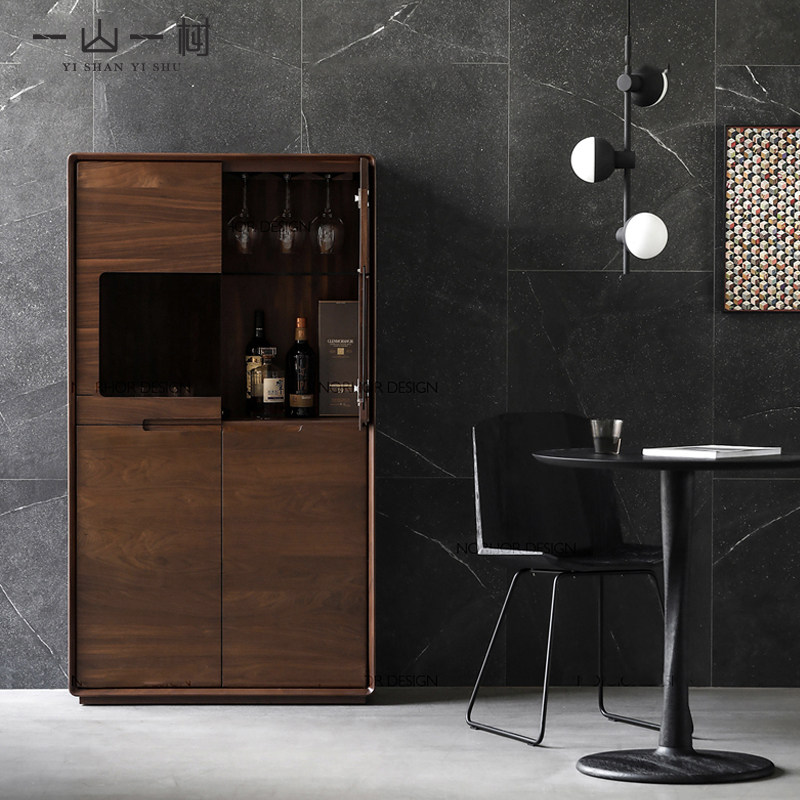 Nordic all solid wood wine cabinet simple modern black walnut dining cabinet Japanese living room glass tea cabinet display cabinet