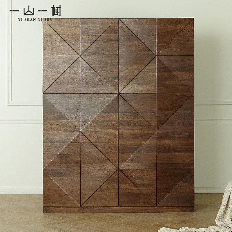 Nordic all solid wood wardrobe black walnut Japanese simple modern swing door wardrobe custom wood wax oil four door wardrobe