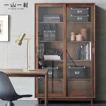 Nordic Full Wood Bookcase Modern Minima Day Style Glass Door Stand Cabinet Black Walnut Wood Living Room Display Case Shelf