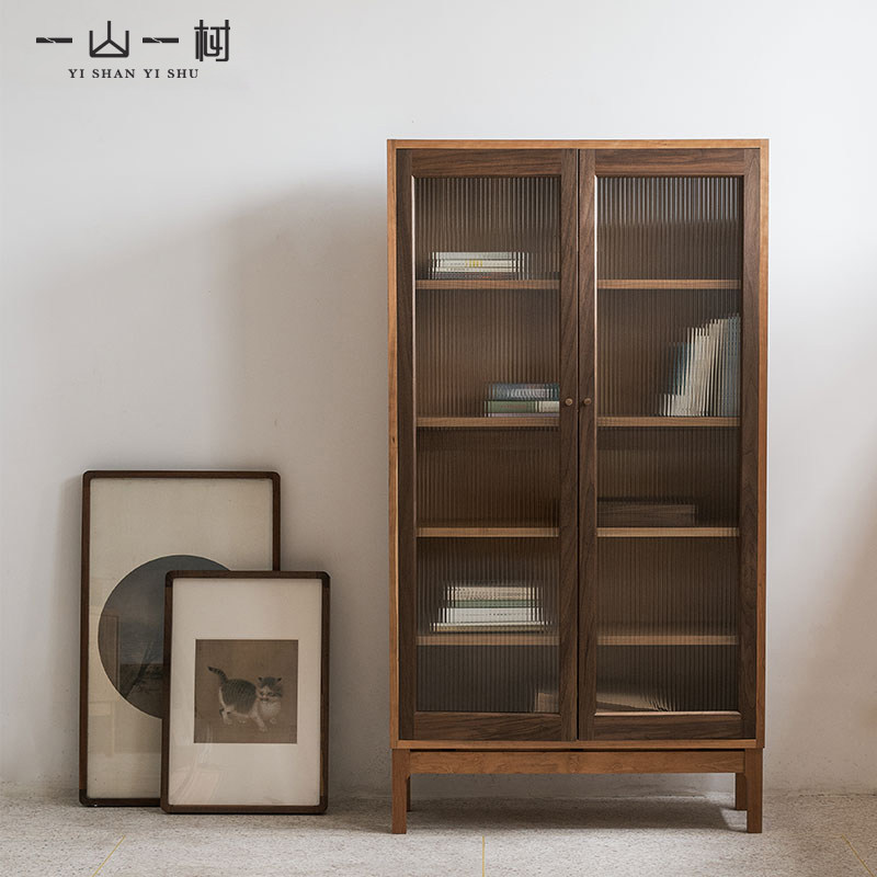 Nordic solid wood bookcase black walnut with glass door study bookcase cherry wood living room simple modern storage cabinet
