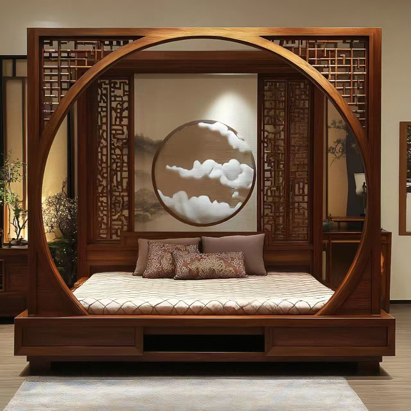 New Chinese-Style Carved Bed, Princess Bed, Imitation Classical Song-Style Solid Wood Lattice Moon-Hole Step Bed, Double Step Bed