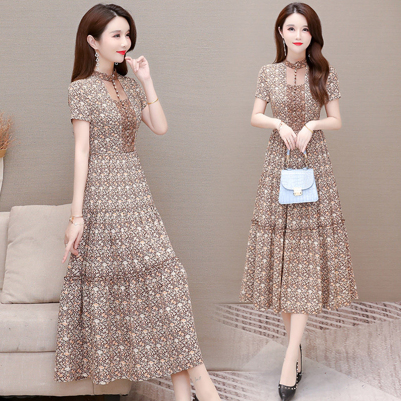 Floral dress women's clothing 2021 new spring and autumn fashion short-sleeved high-waisted belly-covered over-the-knee chiffon long skirt