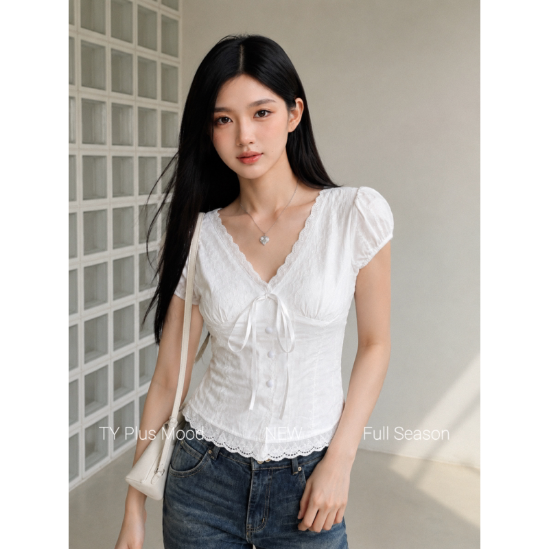 Plus-Size Korean-Style Commuter V-Neck Mesh Shirt with Drawstring and Lantern Sleeves, Suitable for Pairing with Short Skirts and Various Bottoms Plus-Size Korean-Style Commuter V-Neck Mesh Shirt with Drawstring and Lantern Sleeves, Suitable for Pairing with Short Skirts and Various Bottoms
