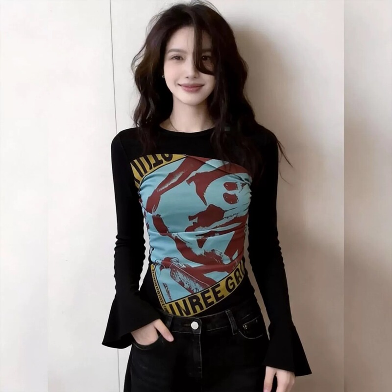 Plus-Size Korean-Style Slim-Fit Long-Sleeve T-Shirt for Women, Black Printed, Commuter Style, Fashionable and High-End Top