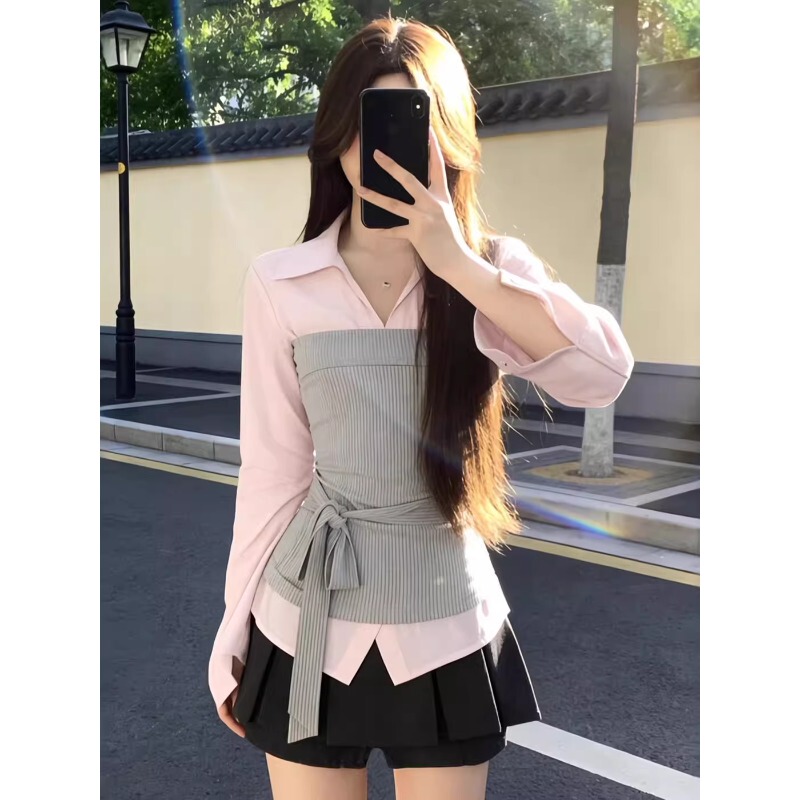 Plus-Size Korean-Style Tube Top with Layered Lace-Up Waist-Cinching Blouse, New Spring Collection, Beautiful Shirt for Important Occasions