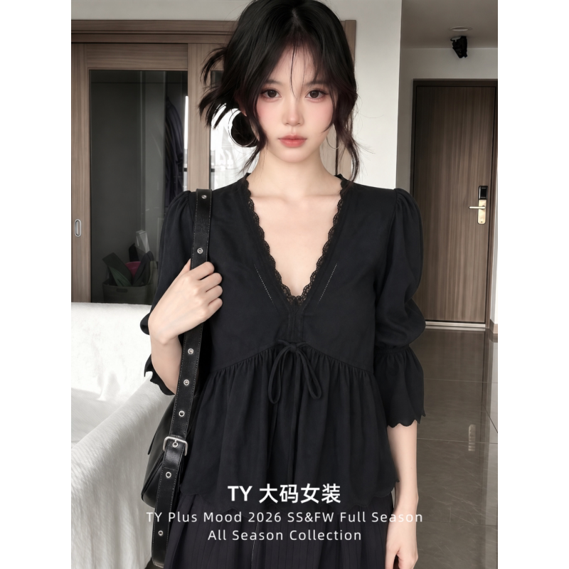 Plus-Size, Durable, Pure Black Lace V-Neck Drawstring Puff Three-Quarter Sleeve Babydoll Shirt, Summer Casual Retro Gentle Top