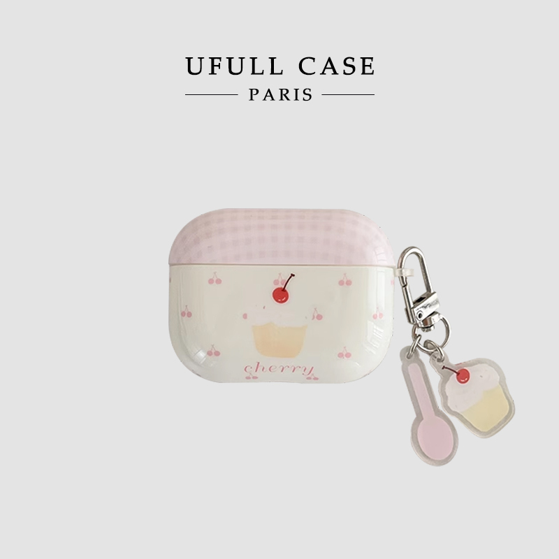 Ufull Suitable for Summer Pink Plaid Cherry Ice Cream Airpods4 Protective Case Airpodspro Apple Earphone Case Wireless Bluetooth 3Rd Generation AirPods Pendant Pro New Third Generation Soft Case