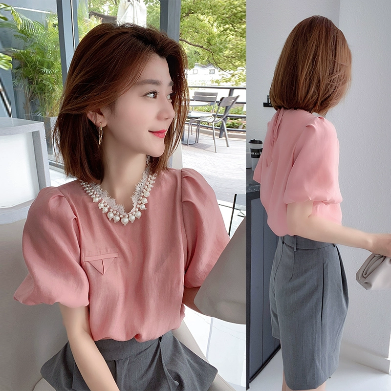 Châu Âu ga mùa hè 2021 phụ nữ mới hàng Châu Âu ren màu hồng khâu lồng đèn rời tay áo voan áo sơ mi phụ nữ - Áo sơ mi chiffon ren