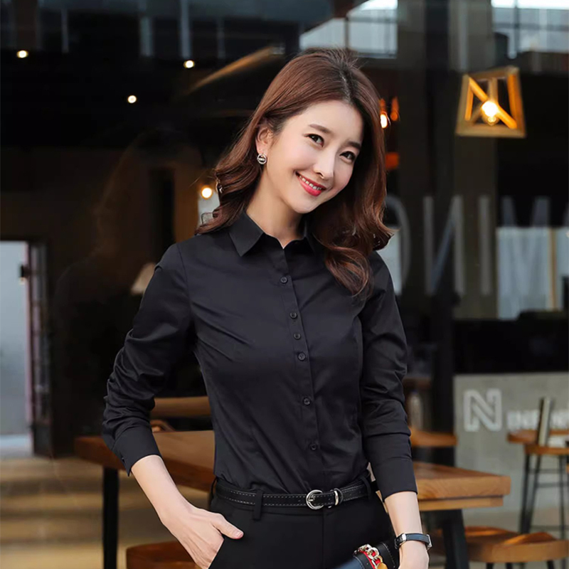 Black Long-Sleeve Shirt for Women, Korean Style, Slim Fit, Short-Sleeve Business Attire, Workwear, Elegant, Wrinkle-Free, Solid Color, Versatile Clothing