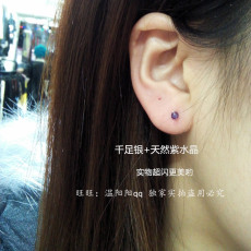 Серьги 手工极小闪珠3mm天然紫水晶足银s999纯银耳骨钉小耳钉养耳防过敏
