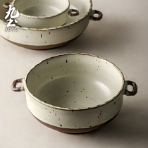 Nine-earth-style hand-made coarse pottery cutlery retro home big soup bowl rice soup noodle bowl anti-scalding double ear bowl pan food