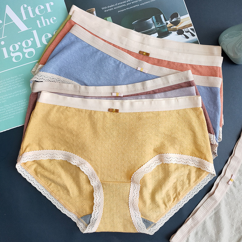 Spring and Autumn Caitian panties women's mid-waist Modal cotton solid color lace edge girl graphene pants are comfortable and soft