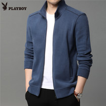 Playboy mens cardigan sweater spring and autumn loose stand-up collar zipper jacket Casual middle-aged jacket mens top