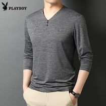 Flowers Playboy Men Long Sleeve T-Shirt Spring Autumn Season Middle-aged Casual Business V Collar New Thin PURE COLOR LOOSE JACKET