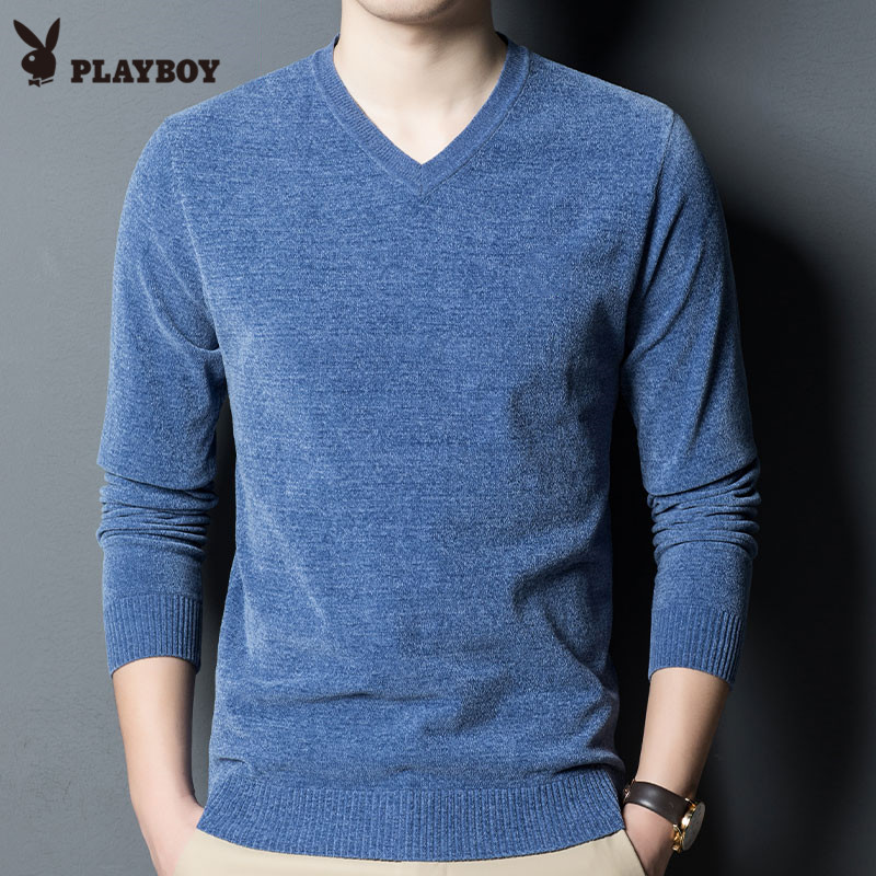 Playboy men's knitted sweater V-neck pullover business casual solid color spring and autumn handsome middle-aged long-sleeved sweater