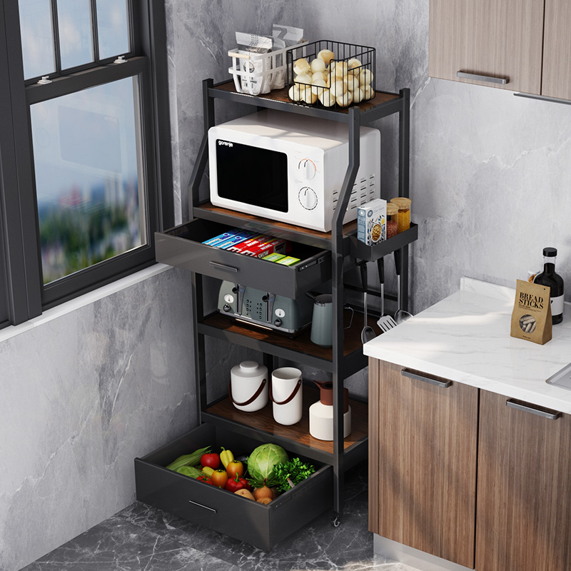 Kitchen shelving floor multilayer with drawer home storage containing cabinet with wheels movable putting oven
