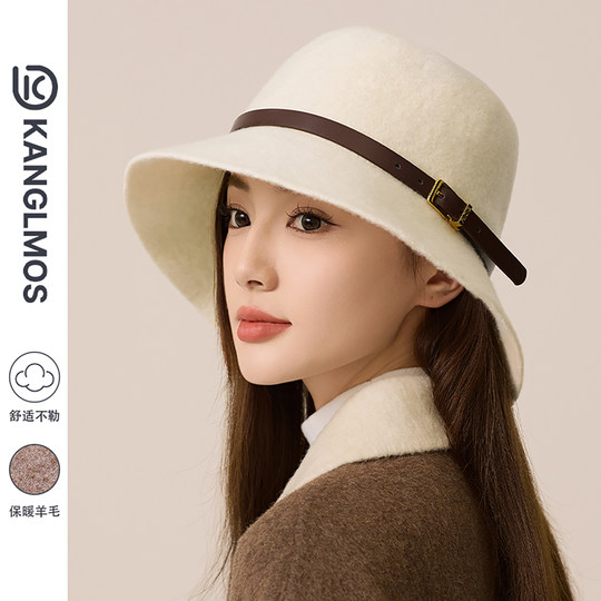 Kanglmos New Style Wool Fisherman Hat for Women, Autumn and Winter Retro Style, Warm, Face-Slimming Woolen Bucket Hat, Trendy