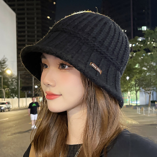 Thick knitted fisherman hat for women in autumn and winter, warm and thickened bucket hat, casual outdoor large head circumference basin hat, small face