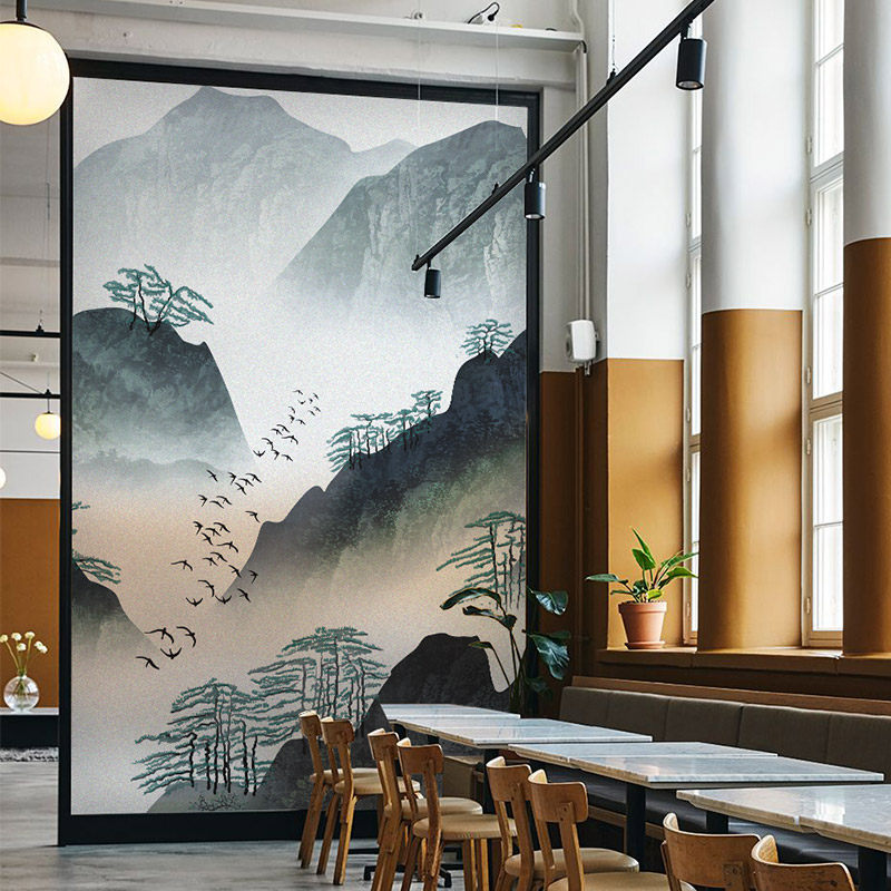 Atmospheric new Chinese landscape painting film office restaurant hotel decoration anti-peep static glass sticker custom
