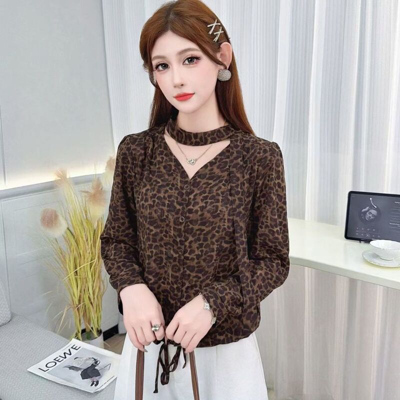2026 Autumn Hot-Selling Leopard Print Tie Long-Sleeve Shirt, Stylish Loose Fit, Tummy-Concealing, Slimming Trendy Outerwear Top