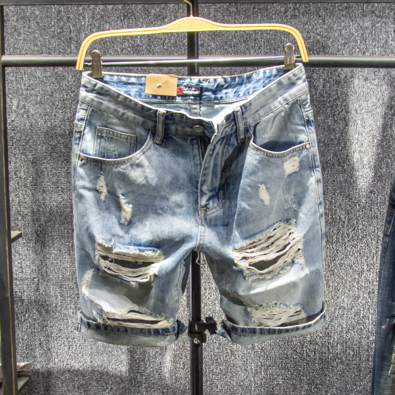 Men's Summer Thin Denim Shorts with Large Holes, Trendy Brand, Loose Fit Mid-Length Pants Men's Summer Thin Denim Shorts with Large Holes, Trendy Brand, Loose Fit Mid-Length Pants