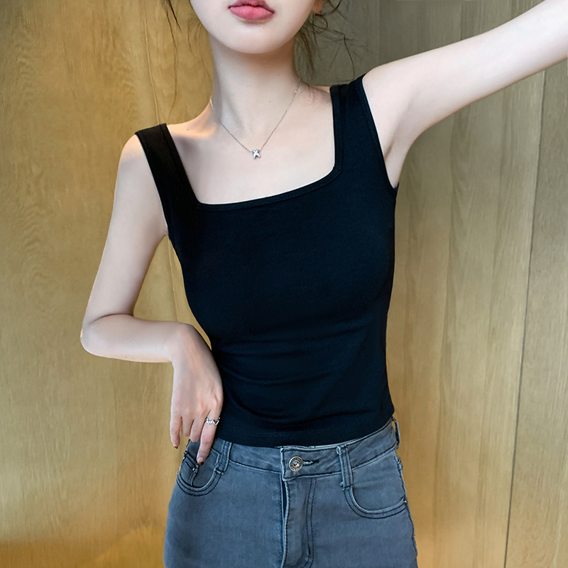 Black Camisole for Women, Spring and Summer New Style, Square Neck with Chest Pad, Sports Backless Pure Cotton Base Shirt for Outerwear