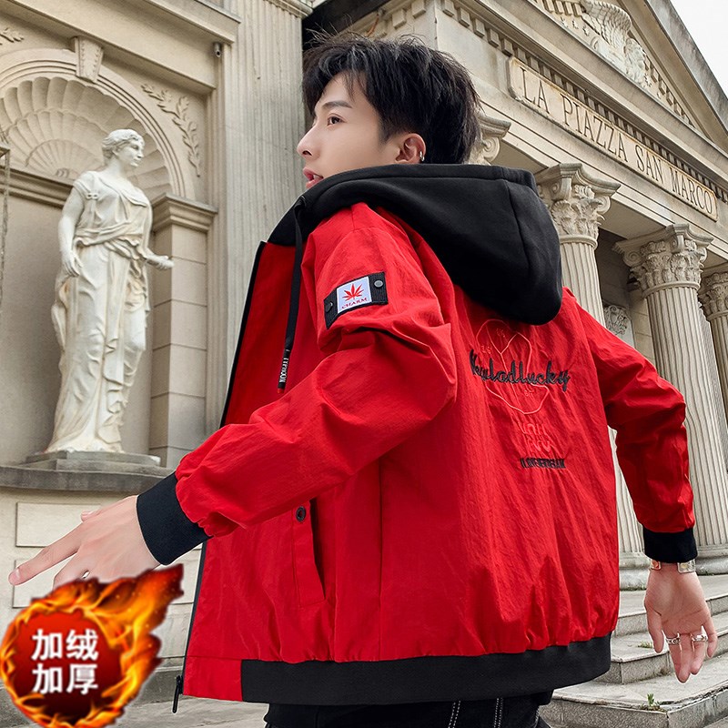 男士夹克外套加绒秋冬季2019新品工装连帽韩版潮时尚夹克外套男潮