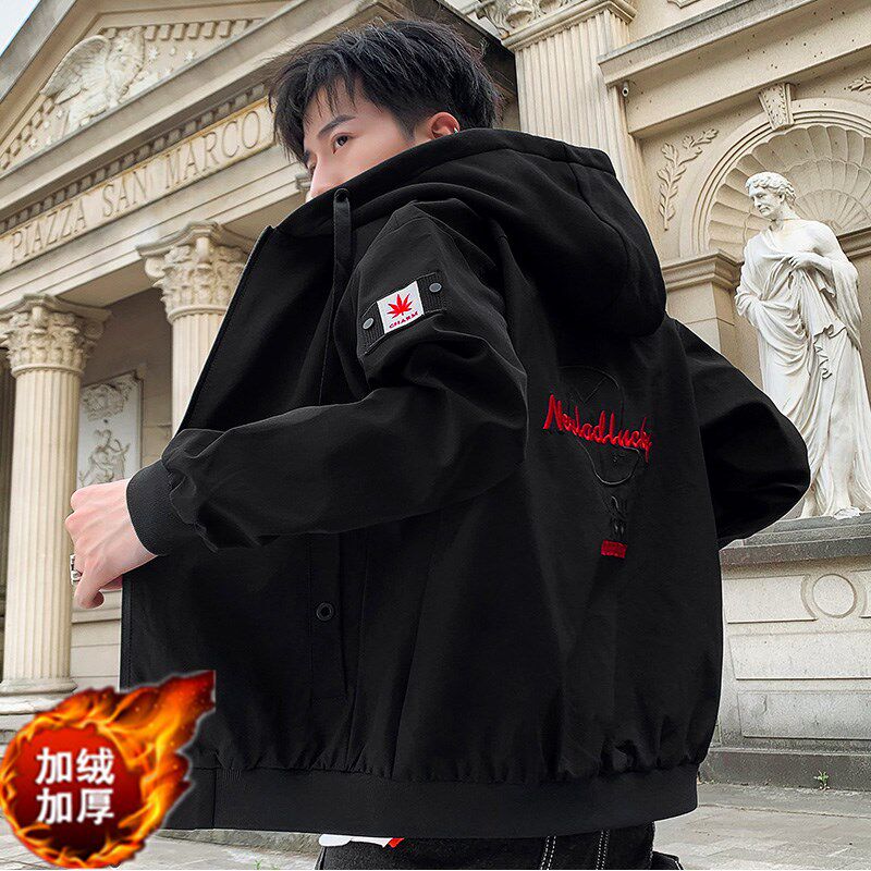 夹克男加绒外套2019秋冬季新款夹克连帽韩版修身潮流男士外套潮男