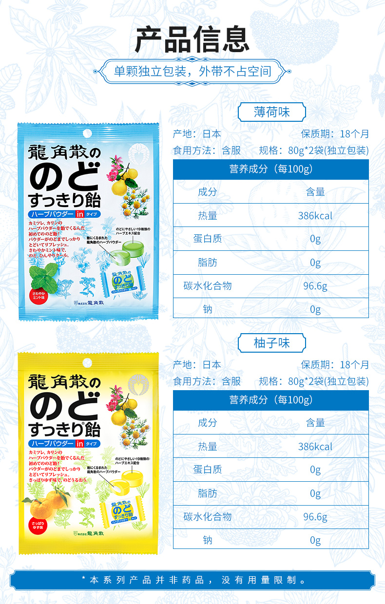 日本原装进口 龙角散 粉末夹心润喉糖 80g*4袋 薄荷+柚子口味 图8