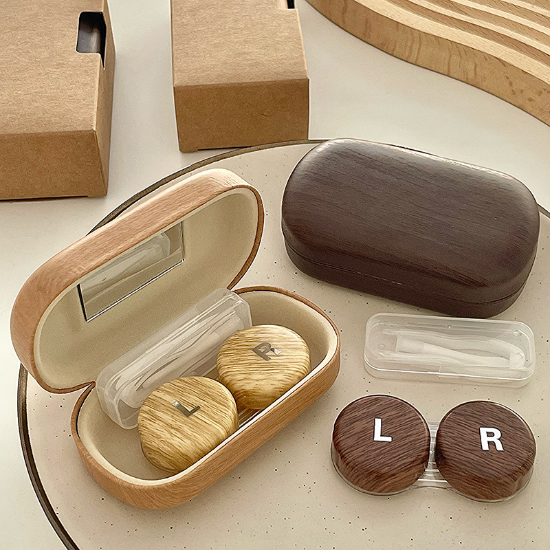 Classic Wood-Style Contact Lens Case, Leather Imitation Wood Grain Contact Lens Companion Case, High-End Independent Accessory Storage Box