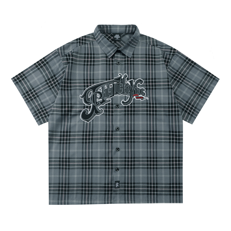 West Coast Chicano  Style Cursive Lettering Loose American Workwear Plaid Shirt